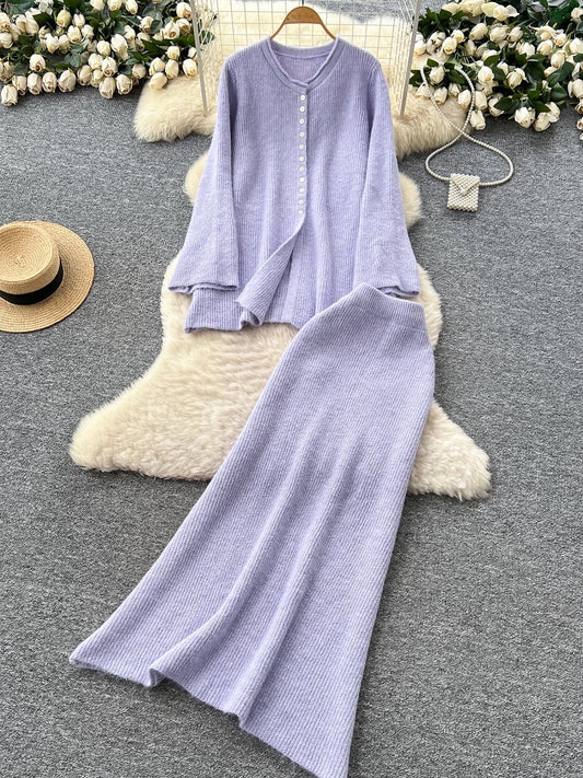 Lazy style casual wear for women in autumn and winter, loose round neck casual long-sleeved single-breasted knitted top with high waist skirt