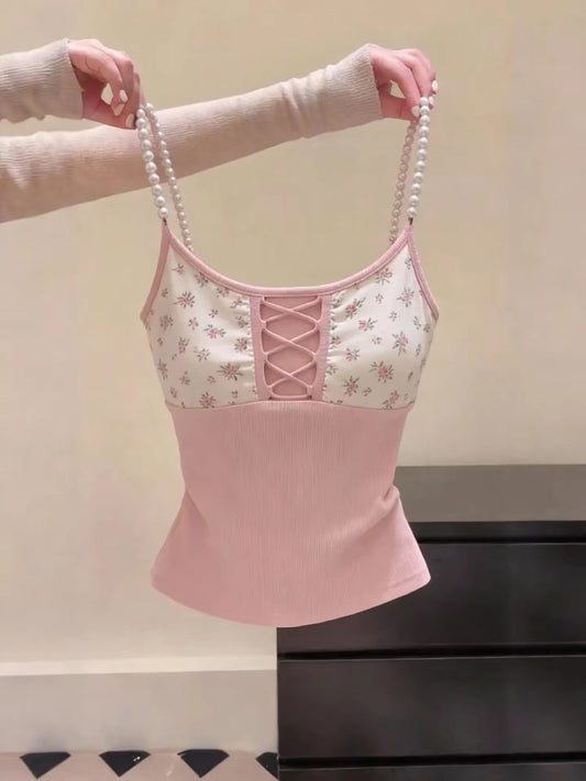 Foreign trade counter export label cut-out French floral camisole tank top pure and sexy style slim fit versatile inner layer hot girl top trendy