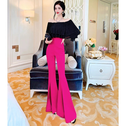Fashionable and Western Style Drapey Slit Flare Pants Women's Spring Clothes 2024 New Korean Style High Waist Slim Slim Casual Pants