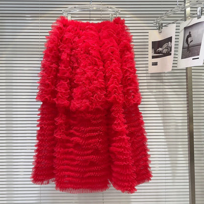 Popular online style, 2026 Spring New Arrival, Sweet and Youthful, Pleated Solid Color Mesh Mid-Length Puffy Skirt/Cake Skirt for Women