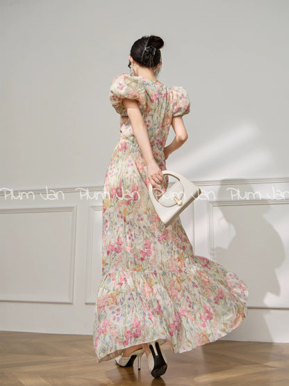 Plum Jan/May Day travel outfit three-dimensional pleated bubble sleeve floral dress new tea dress
