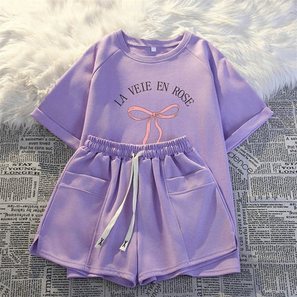 Short-sleeved shorts casual two-piece suit for women summer new thin fashionable age-reducing small man running sportswear loose