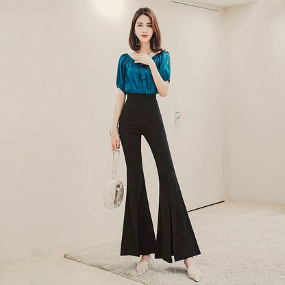 Fashionable and Western Style Drapey Slit Flare Pants Women's Spring Clothes 2024 New Korean Style High Waist Slim Slim Casual Pants