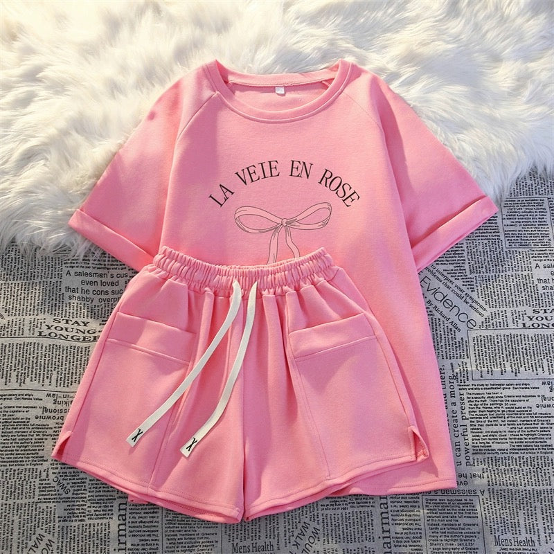 Short-sleeved shorts casual two-piece suit for women summer new thin fashionable age-reducing small man running sportswear loose