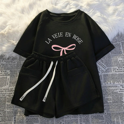 Short-sleeved shorts casual two-piece suit for women summer new thin fashionable age-reducing small man running sportswear loose