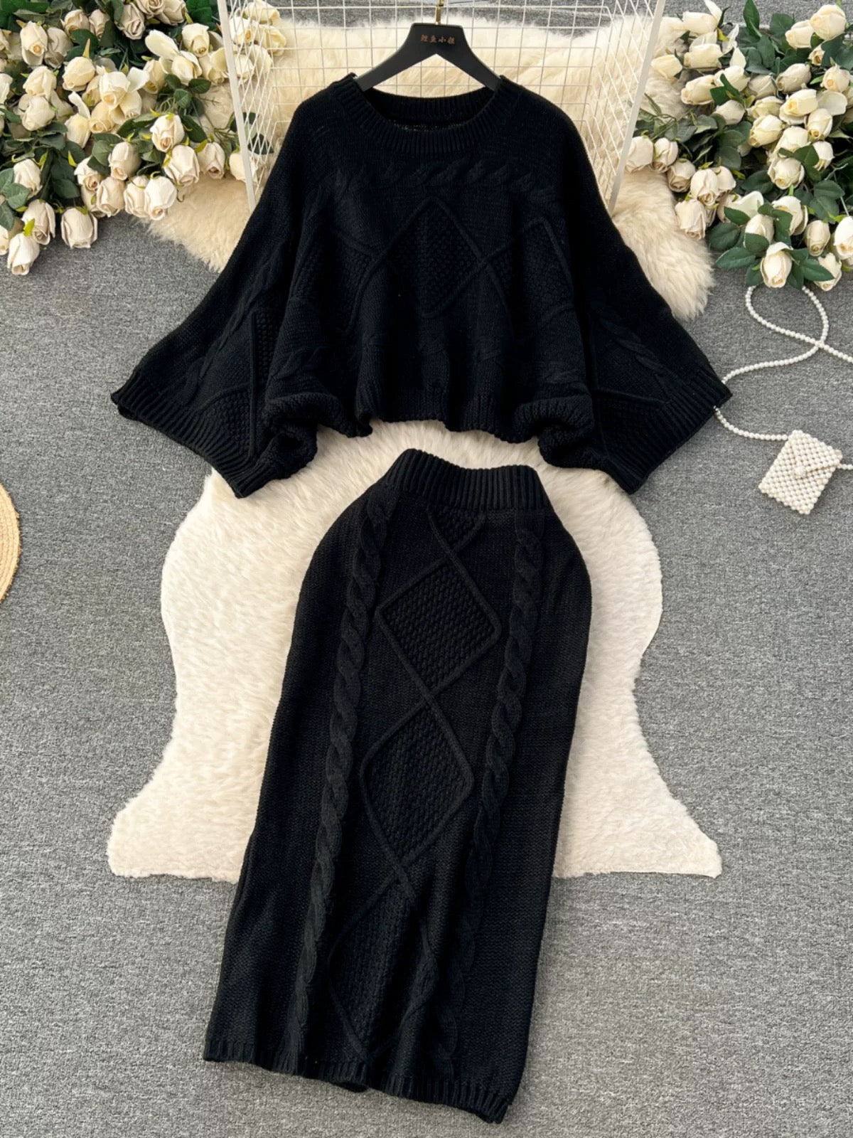 French lazy style knitted sweater two-piece suit for women autumn and winter new style twisted bat sleeve top hip skirt suit