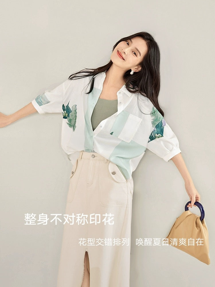 Dialogue x Kay Levine joint white printed short-sleeved shirt women's summer 2024 new design loose top