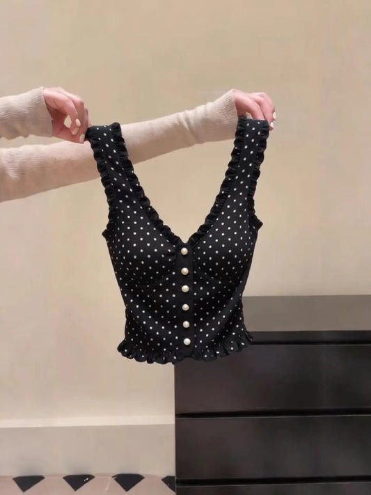 Export label cut-out bra with breast pads, French style polka dot vest, slim fit top.