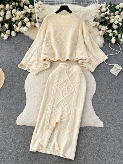 French lazy style knitted sweater two-piece suit for women autumn and winter new style twisted bat sleeve top hip skirt suit