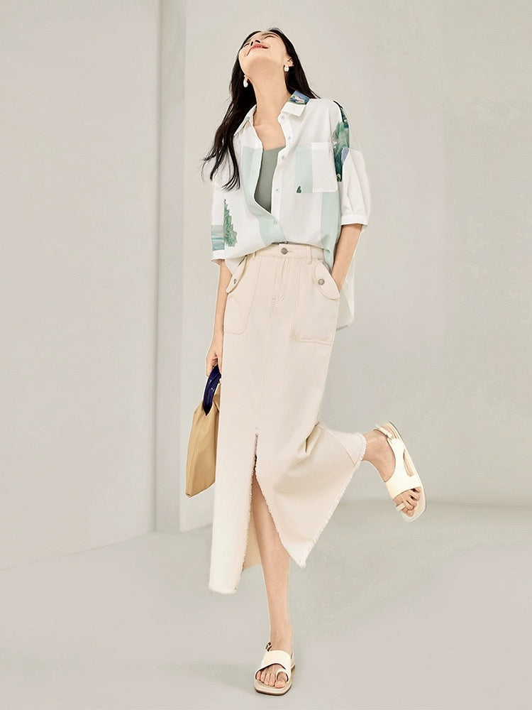 Dialogue x Kay Levine joint white printed short-sleeved shirt women's summer 2024 new design loose top