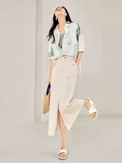 Dialogue x Kay Levine joint white printed short-sleeved shirt women's summer 2024 new design loose top