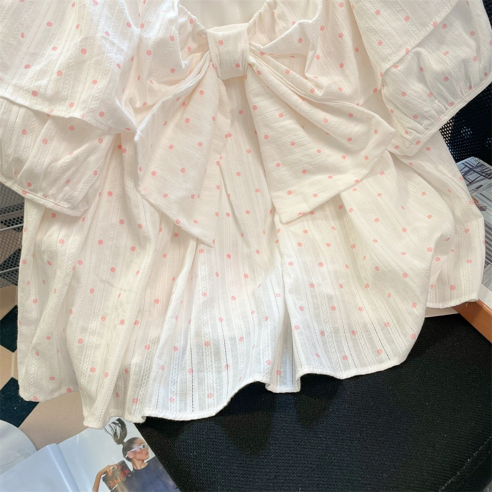 Sweet and gentle wave dot bow one-shoulder shirt for men and women summer short Korean style puff sleeve shirt top
