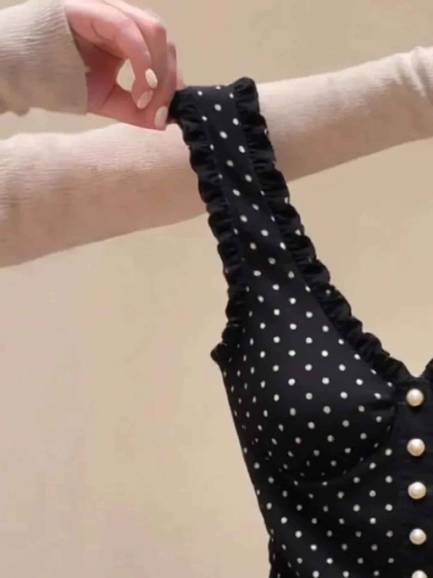 Export label cut-out bra with breast pads, French style polka dot vest, slim fit top.