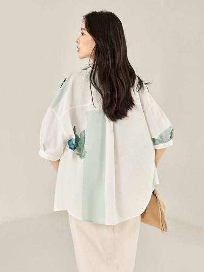 Dialogue x Kay Levine joint white printed short-sleeved shirt women's summer 2024 new design loose top