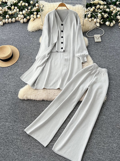 Lazy and relaxed suit for women, sleeveless inner wear knitted vest, loose outer wear sweater cardigan jacket and high waist trousers