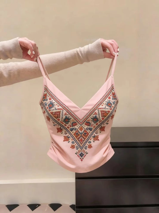 Women's export-style printed camisole top with cut labels, slim fit, sexy style, short retro look.