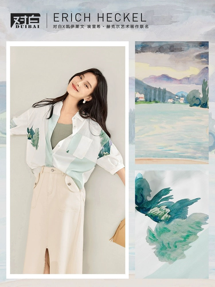 Dialogue x Kay Levine joint white printed short-sleeved shirt women's summer 2024 new design loose top