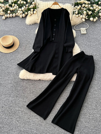 Lazy and relaxed suit for women, sleeveless inner wear knitted vest, loose outer wear sweater cardigan jacket and high waist trousers