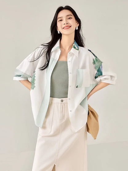 Dialogue x Kay Levine joint white printed short-sleeved shirt women's summer 2024 new design loose top