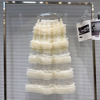 Popular online style, 2026 Spring New Sweet Ruffled Sequin Patchwork Fairy Dress Long Skirt Mesh Skirt Midi Skirt