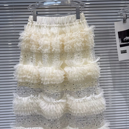 Popular online style, 2026 Spring New Sweet Ruffled Sequin Patchwork Fairy Dress Long Skirt Mesh Skirt Midi Skirt