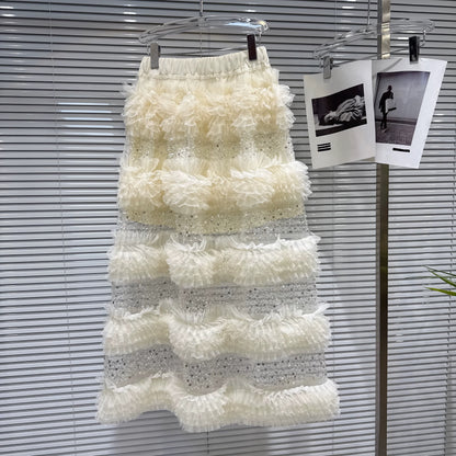 Popular online style, 2026 Spring New Sweet Ruffled Sequin Patchwork Fairy Dress Long Skirt Mesh Skirt Midi Skirt