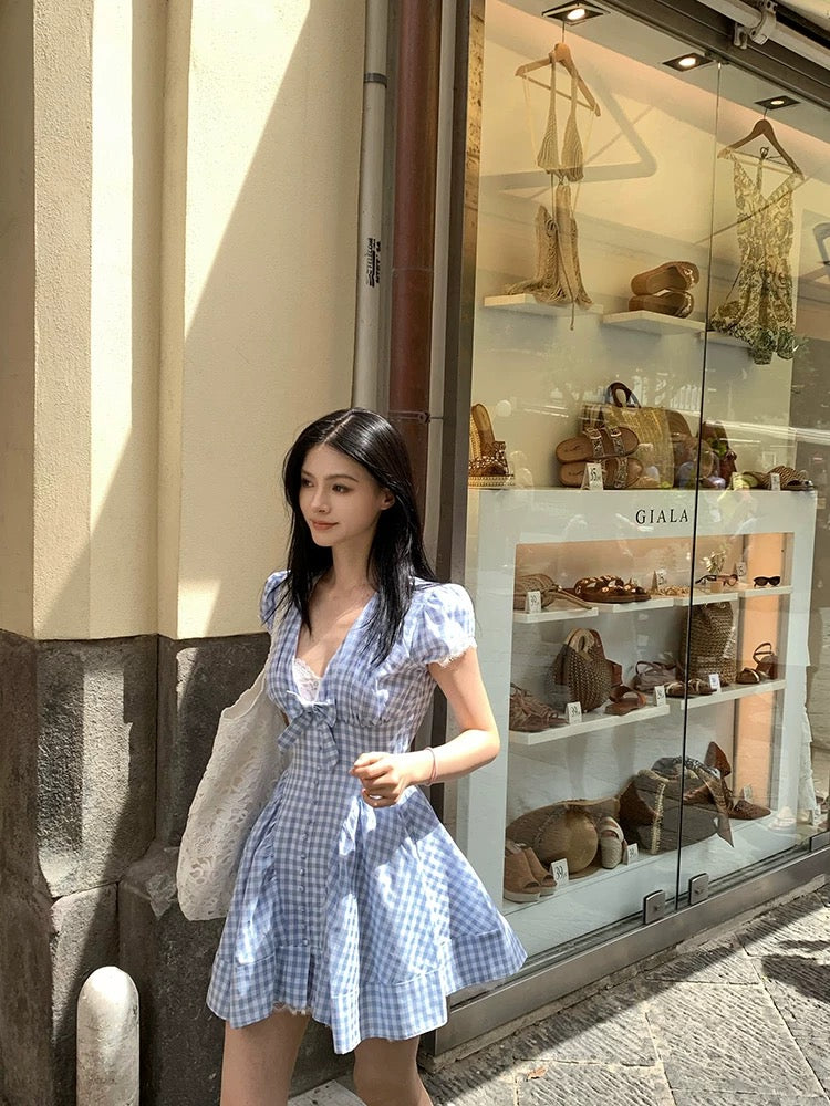 Lienni2025 summer new style temperament retro waist slimming plaid splicing lace short-sleeved dress for women