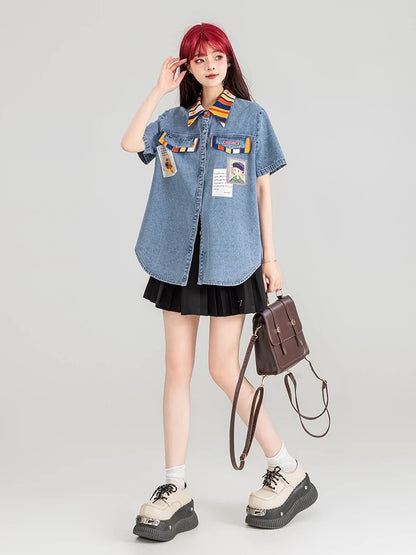 KEIKO Art Student Denim Shirt Women's Thin Section 2024 Summer Design Color Matching Loose Casual Short-Sleeved Top