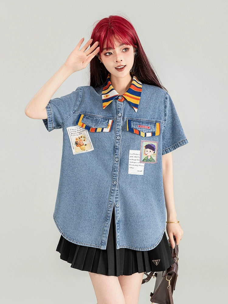 KEIKO Art Student Denim Shirt Women's Thin Section 2024 Summer Design Color Matching Loose Casual Short-Sleeved Top