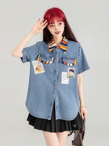 KEIKO Art Student Denim Shirt Women's Thin Section 2024 Summer Design Color Matching Loose Casual Short-Sleeved Top