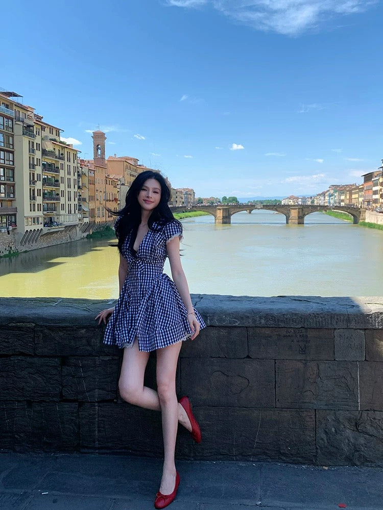 Lienni2025 summer new style temperament retro waist slimming plaid splicing lace short-sleeved dress for women