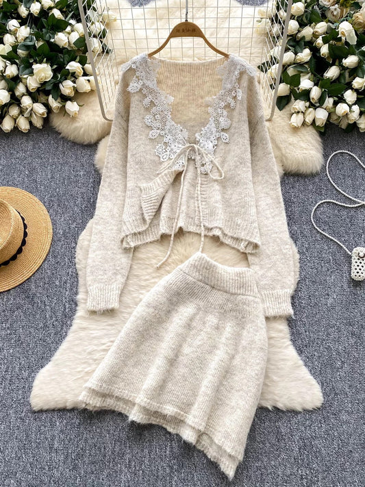 Temperament two-piece suit for women in autumn, gentle style, lace stitching, long-sleeved knitted cardigan, sweet high-waisted skirt
