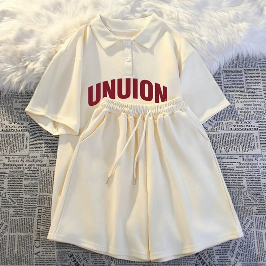 Summer college style casual two-piece suit for women 2024 new polo shirt short-sleeved shorts loose running sportswear