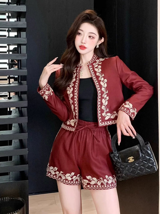 Nanyou niche designer heavy-duty embroidery ethnic style top wide-legged short style street Angora red suit