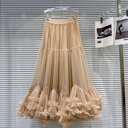 Popular online style, 2026 Spring new sweet and elegant pleated multi-layered mesh skirt, puffy midi skirt, long skirt.