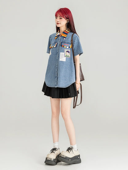 KEIKO Art Student Denim Shirt Women's Thin Section 2024 Summer Design Color Matching Loose Casual Short-Sleeved Top