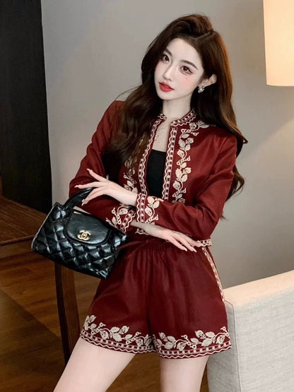 Nanyou niche designer heavy-duty embroidery ethnic style top wide-legged short style street Angora red suit