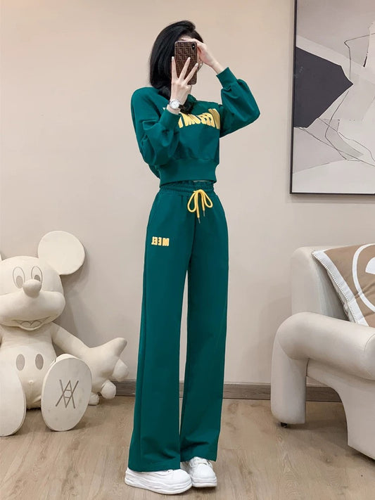 Casual sports suit for women spring and autumn 2024 new style fashionable European style plus velvet sweatshirt and pants two-piece set