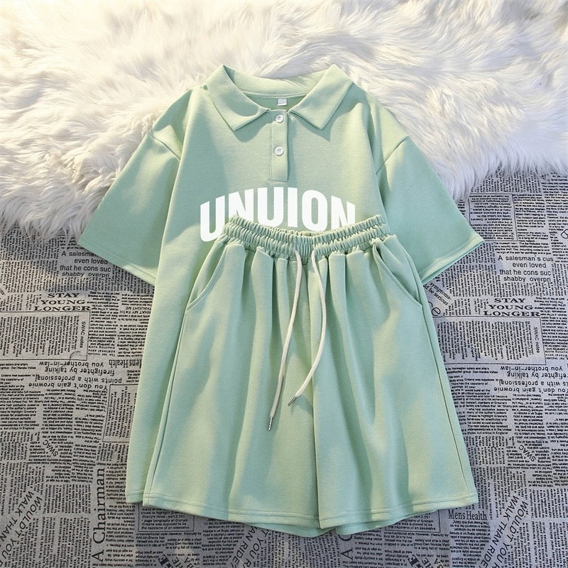 Summer college style casual two-piece suit for women 2024 new polo shirt short-sleeved shorts loose running sportswear