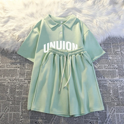 Summer college style casual two-piece suit for women 2024 new polo shirt short-sleeved shorts loose running sportswear