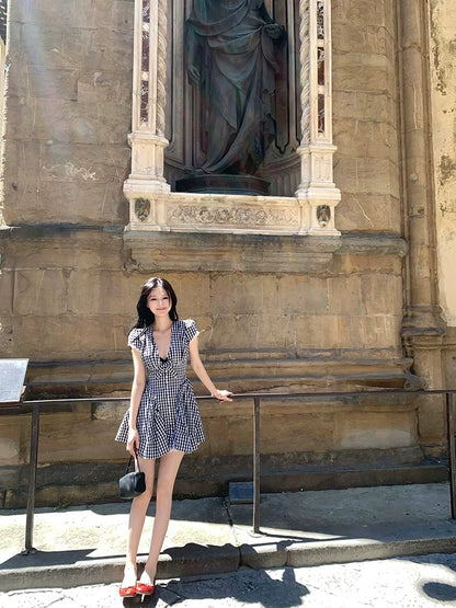 Lienni2025 summer new style temperament retro waist slimming plaid splicing lace short-sleeved dress for women