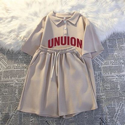 Summer college style casual two-piece suit for women 2024 new polo shirt short-sleeved shorts loose running sportswear