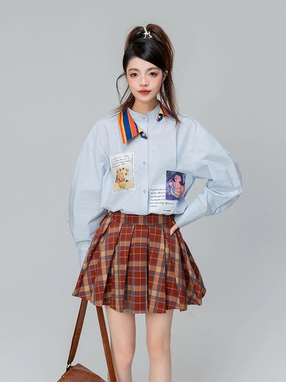 KEIKO literary style patchwork blue long-sleeved shirt 2024 early spring unique niche design heterochromatic collar top