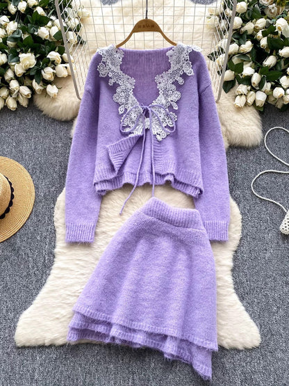Temperament two-piece suit for women in autumn, gentle style, lace stitching, long-sleeved knitted cardigan, sweet high-waisted skirt