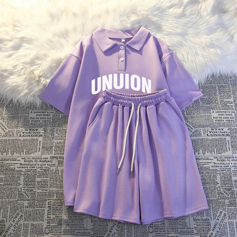 Summer college style casual two-piece suit for women 2024 new polo shirt short-sleeved shorts loose running sportswear