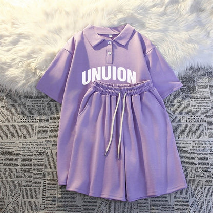 Summer college style casual two-piece suit for women 2024 new polo shirt short-sleeved shorts loose running sportswear