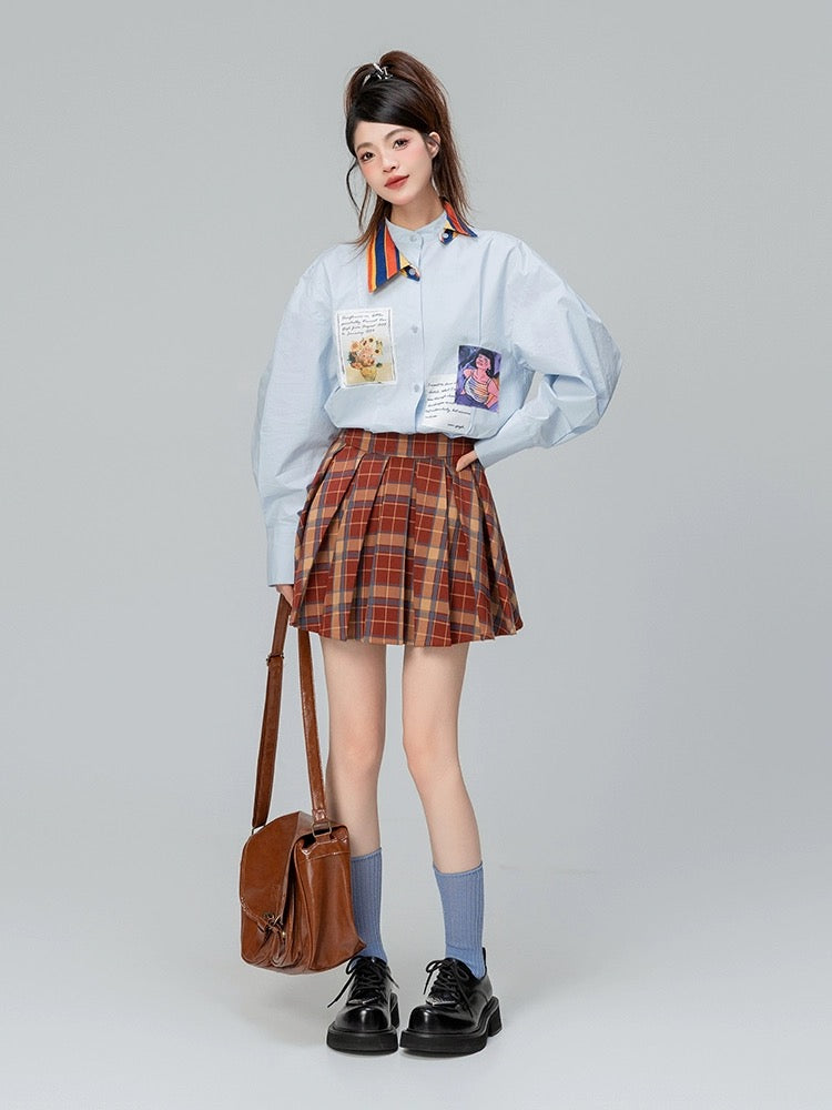KEIKO literary style patchwork blue long-sleeved shirt 2024 early spring unique niche design heterochromatic collar top