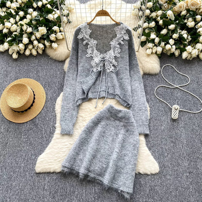 Temperament two-piece suit for women in autumn, gentle style, lace stitching, long-sleeved knitted cardigan, sweet high-waisted skirt