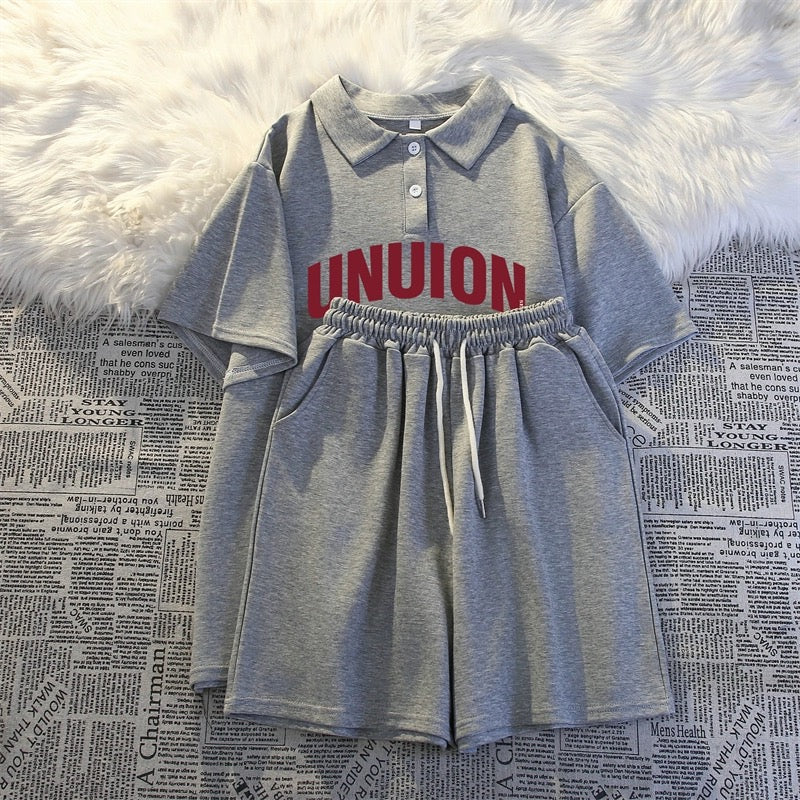 Summer college style casual two-piece suit for women 2024 new polo shirt short-sleeved shorts loose running sportswear
