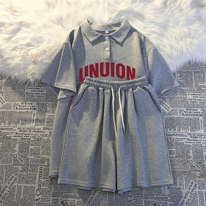 Summer college style casual two-piece suit for women 2024 new polo shirt short-sleeved shorts loose running sportswear